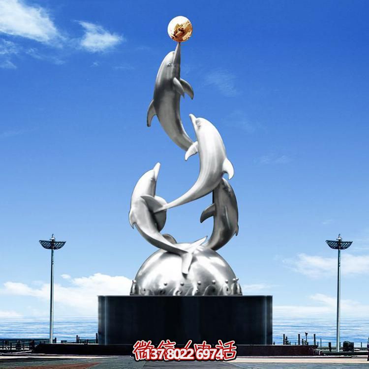 城市廣場不銹鋼海豚雕塑擺件，鏡面制作精美