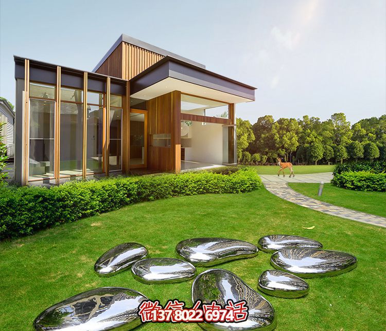 高端室內(nèi)草坪裝飾，不銹鋼雕塑鏡面石頭安放