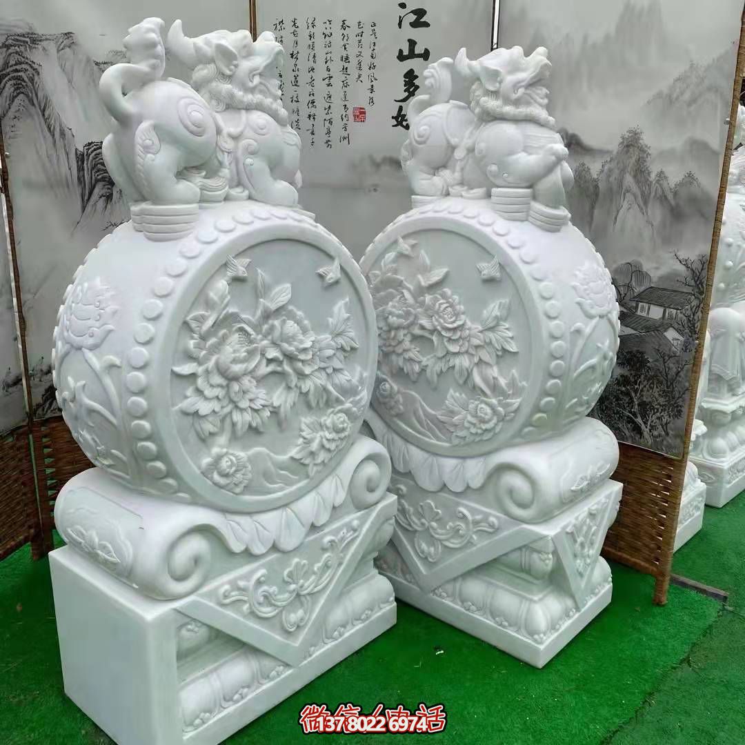 天然優(yōu)質(zhì)漢白玉浮雕麒麟抱鼓石，裝點(diǎn)你的庭院門(mén)口