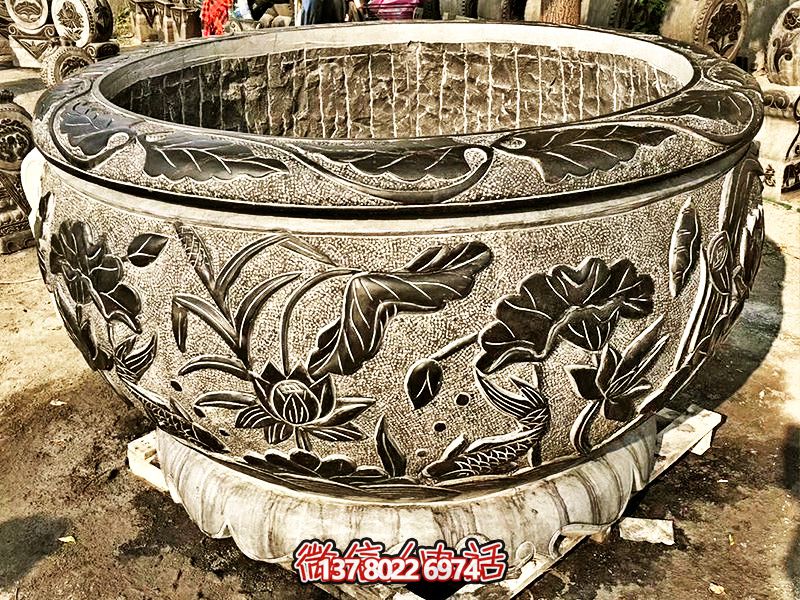 精美大理石浮雕蓮花缸，現(xiàn)代庭院裝飾雕塑
