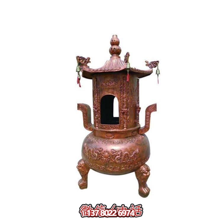 純銅香爐四柱舍利塔，裝飾寺院舍利
