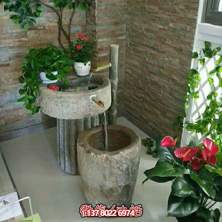 傳統(tǒng)文化的經典組合——老石缸水槽庭院陽臺流水景觀