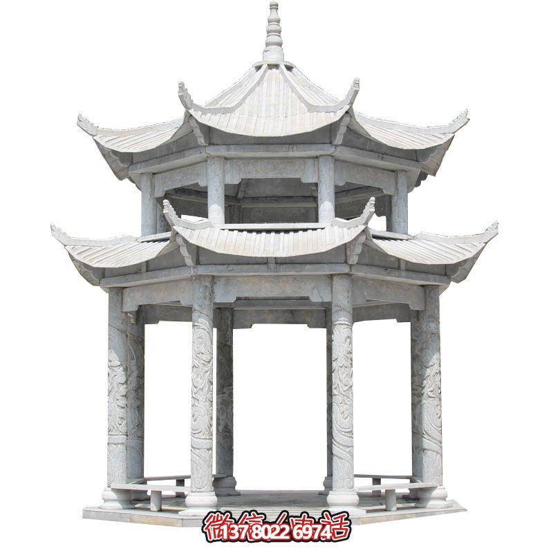 精美大理石雙層柱涼亭，雕塑點(diǎn)綴休息亭