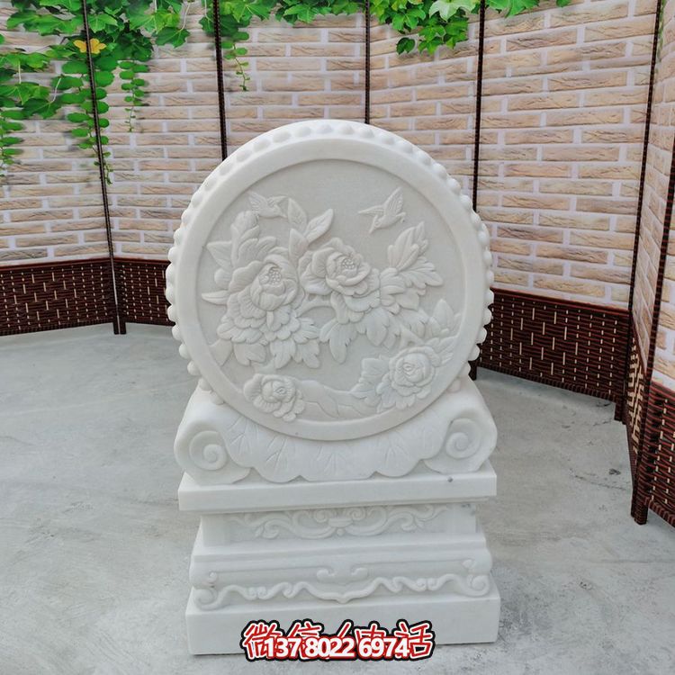 中式風(fēng)格天然漢白玉石雕抱鼓浮雕門墩，花開富貴
