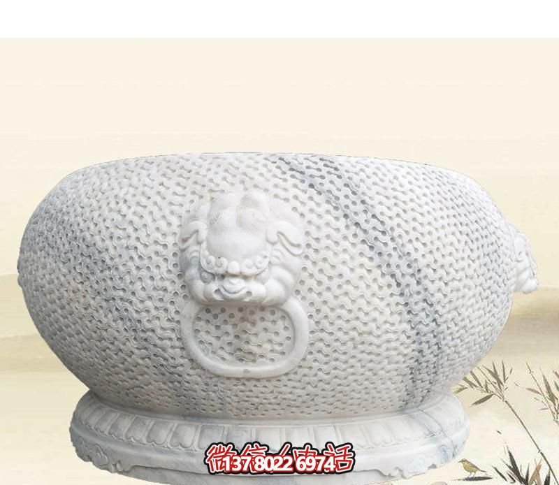 精美狴犴圓形雕塑，點綴庭院水缸浮雕