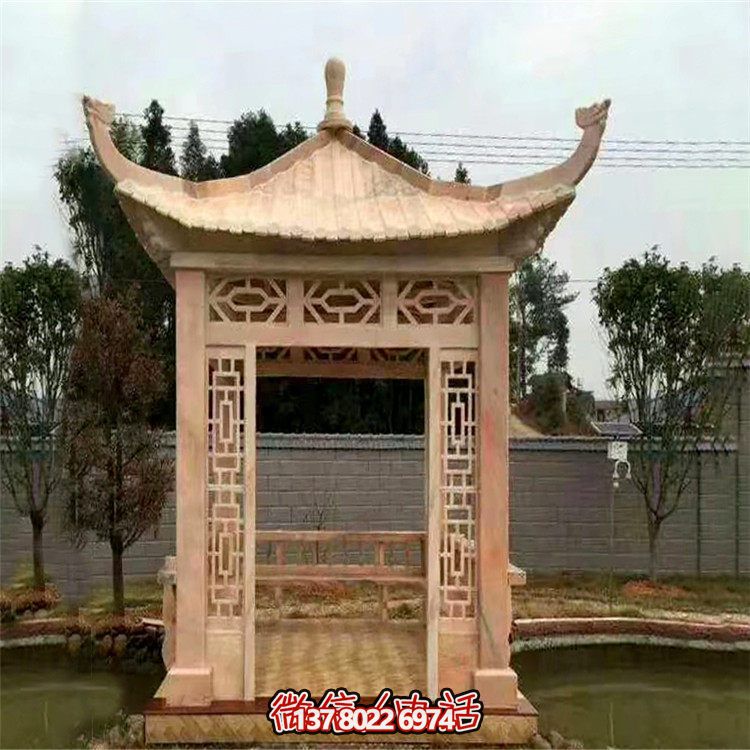 紅石雕鏤涼亭，晚霞中空中創(chuàng)意雕塑