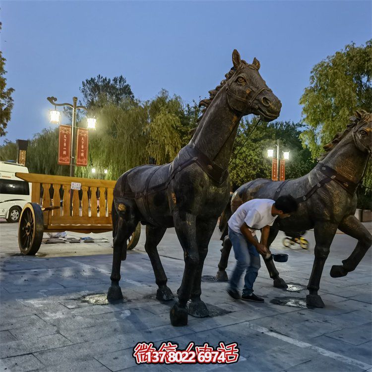 仿古銅中式馬拉車玻璃鋼景觀雕塑，非凡戶外擺放裝飾