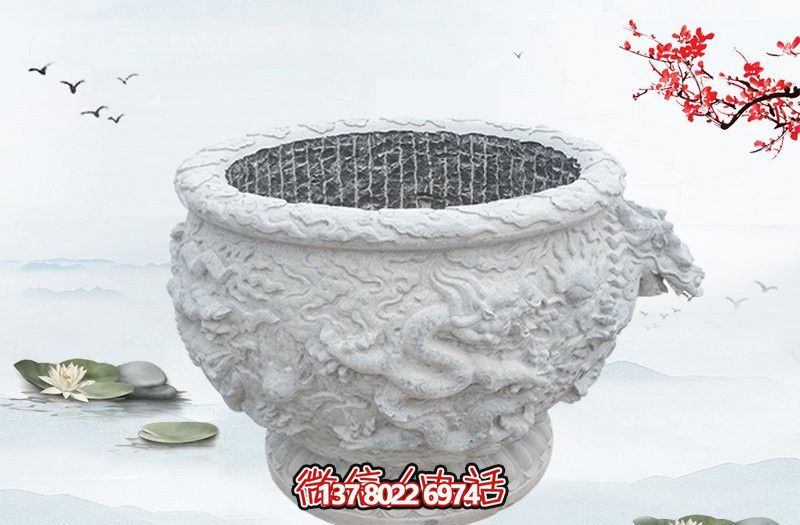 漢白玉石雕龍浮雕水缸雕塑，為庭院增添優(yōu)雅氣息