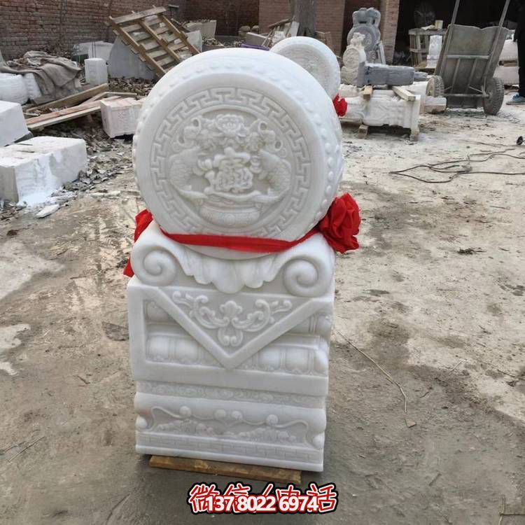 天然石材漢白玉浮雕花開富貴招財(cái)抱鼓石