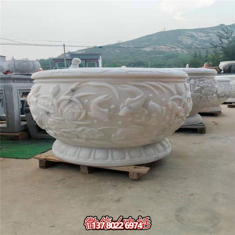 古典經(jīng)典，漢白玉鯉魚(yú)雕刻圓形水缸