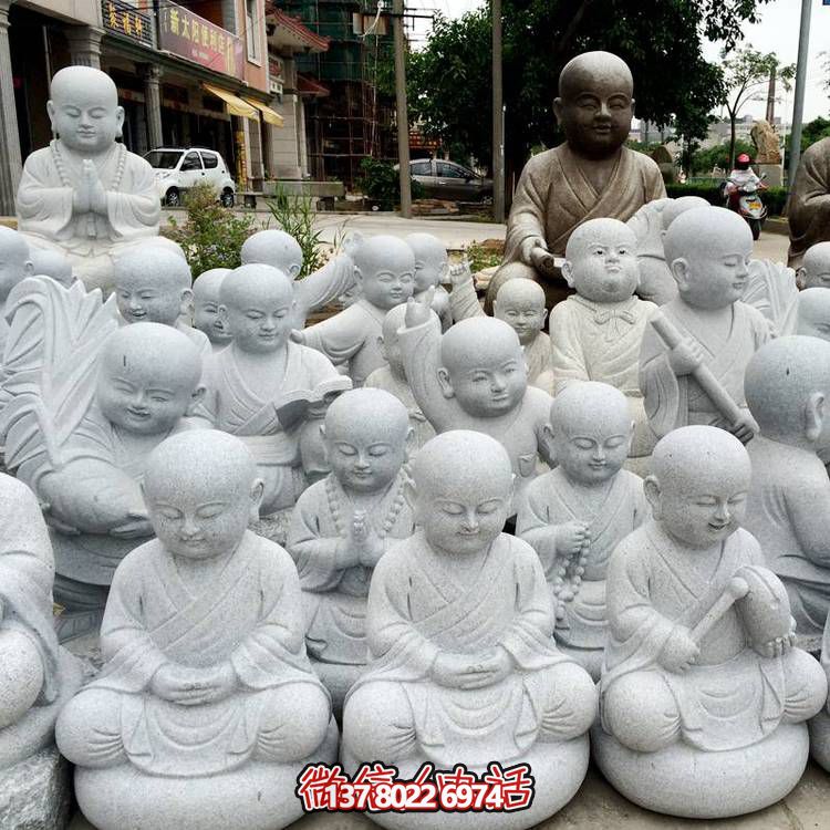 天然砂巖雕刻小沙彌擺件，美麗景致精美寺院家居裝飾
