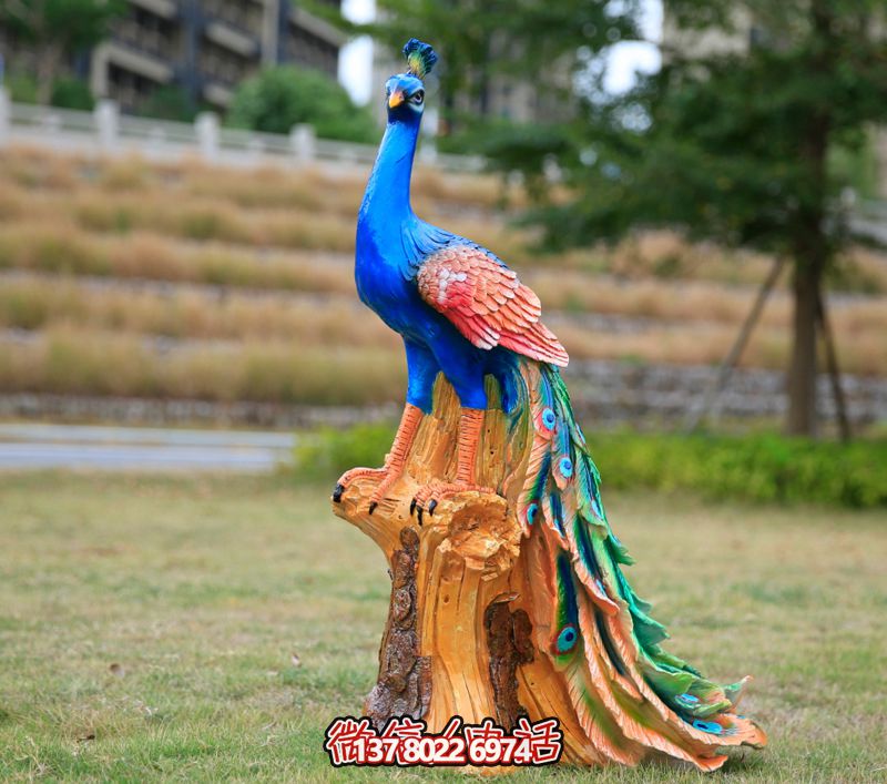 彩繪孔雀玻璃鋼雕塑，為公園街道擺放添彩