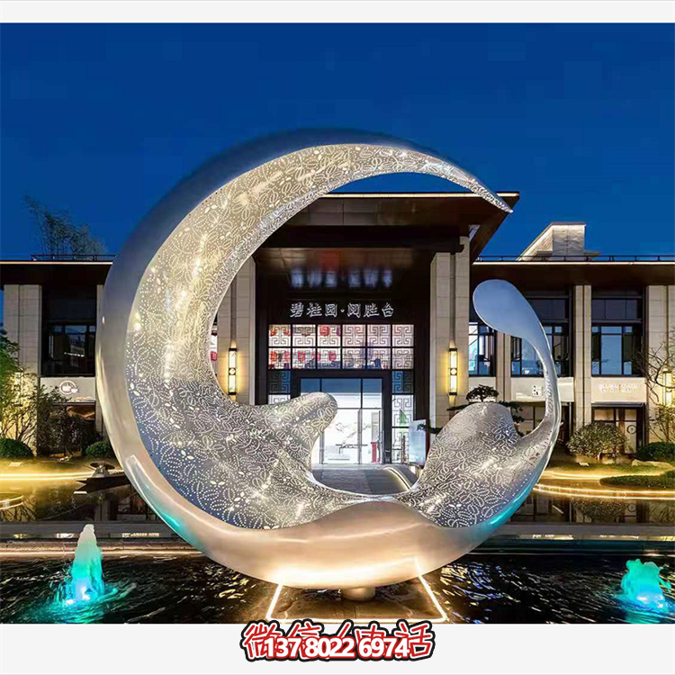 不銹鋼月亮水滴雕塑，透光水景裝飾雕塑