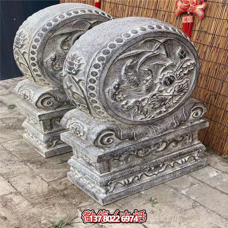 花崗巖雕刻鯉魚牡丹花紋抱鼓石門墩景點(diǎn)門前擺件