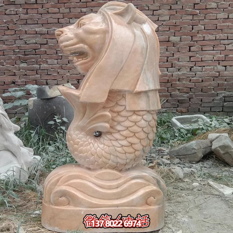 天然晚霞紅雕刻魚尾獅廣場(chǎng)水池噴水雕塑