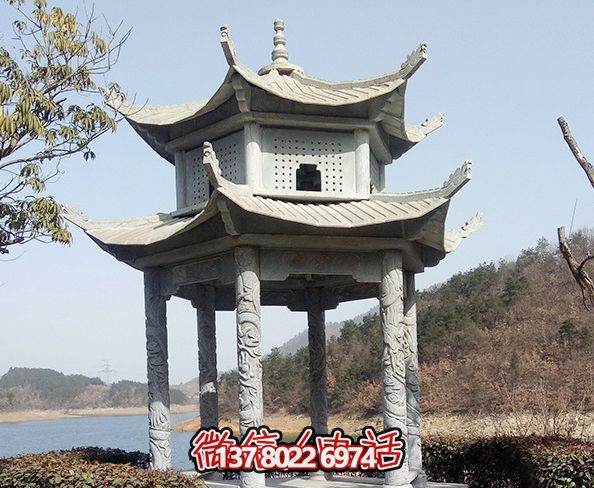 湖邊景區(qū)擺放仿古建筑二層青石涼亭 湖邊景區(qū)擺放仿古建筑二層青石涼亭