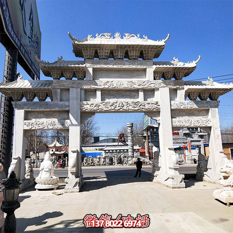 石雕牌坊，大型三間四柱漢白玉石雕牌樓