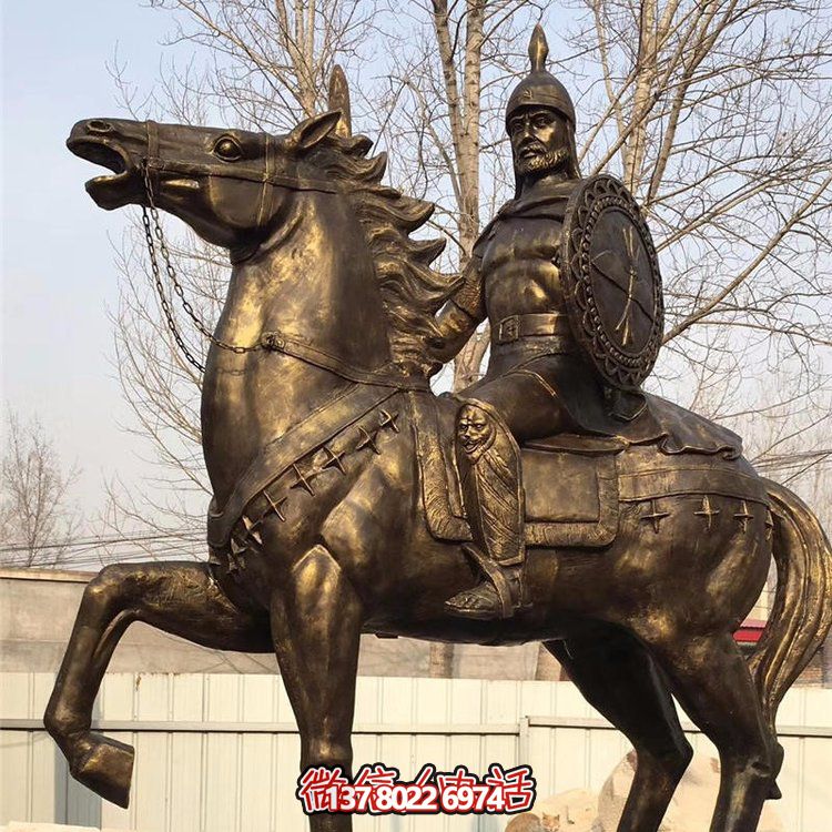 西方古代的騎馬士兵銅雕，手持盾牌騎馬身上的西方戰(zhàn)士